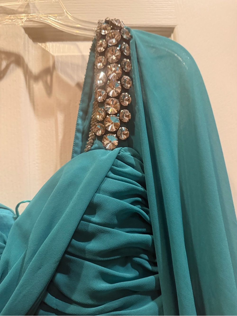 Teal One-Shoulder Evening Dress with Crystal Embellished Strap